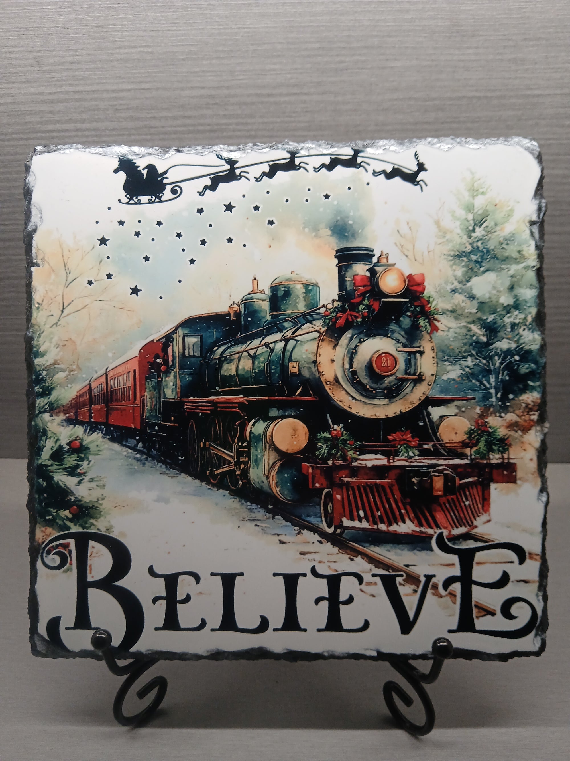 believe christmas train photo slate