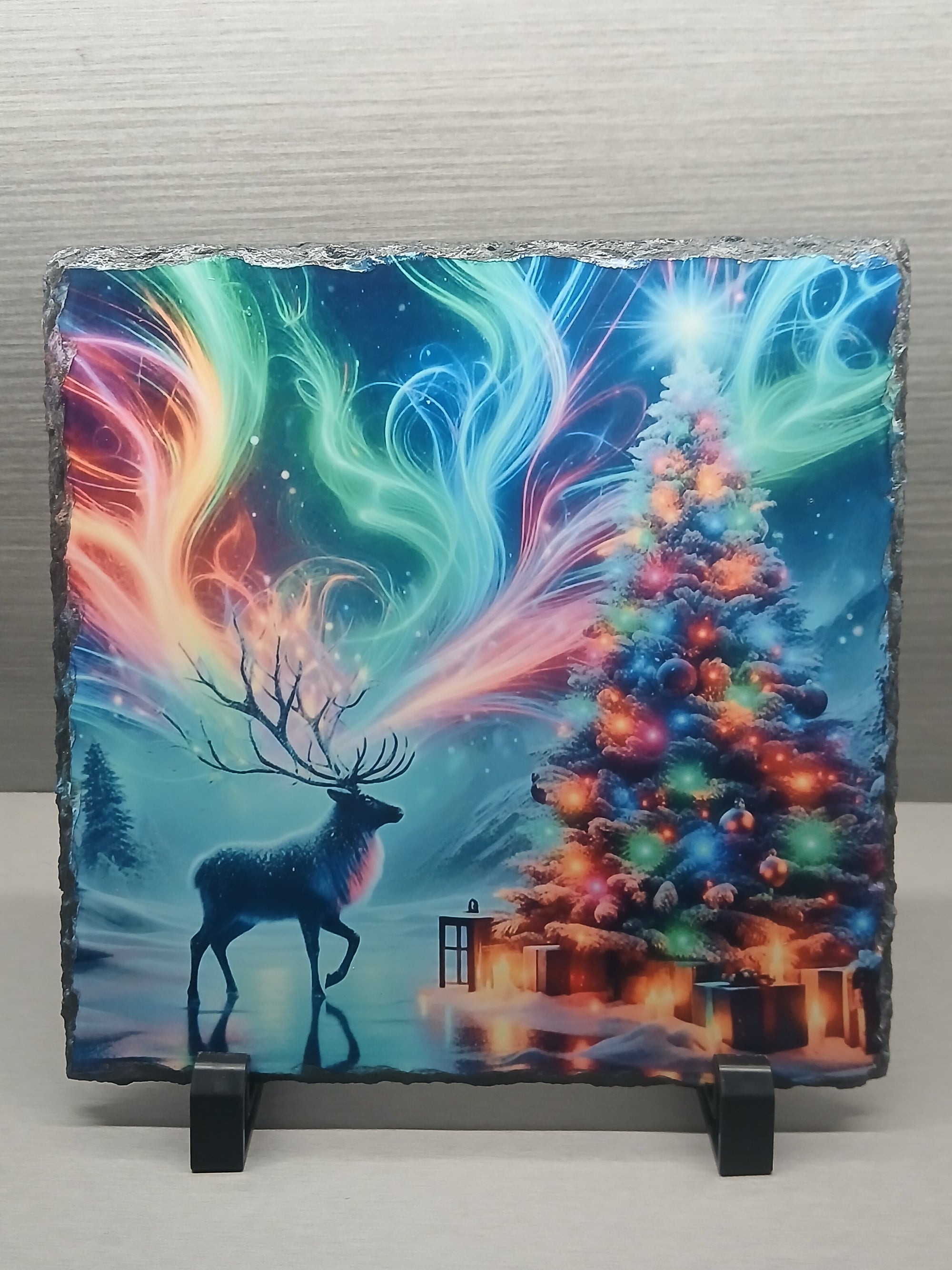 buck with lighted christmas tree photo slate