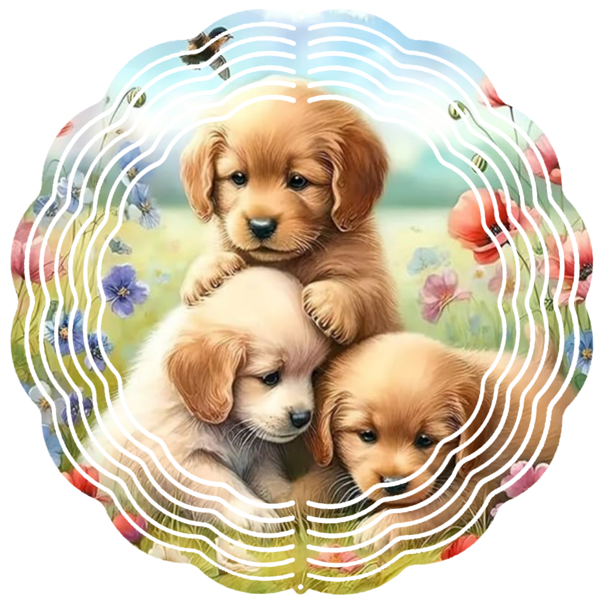 3 puppies in a filed wind spinner