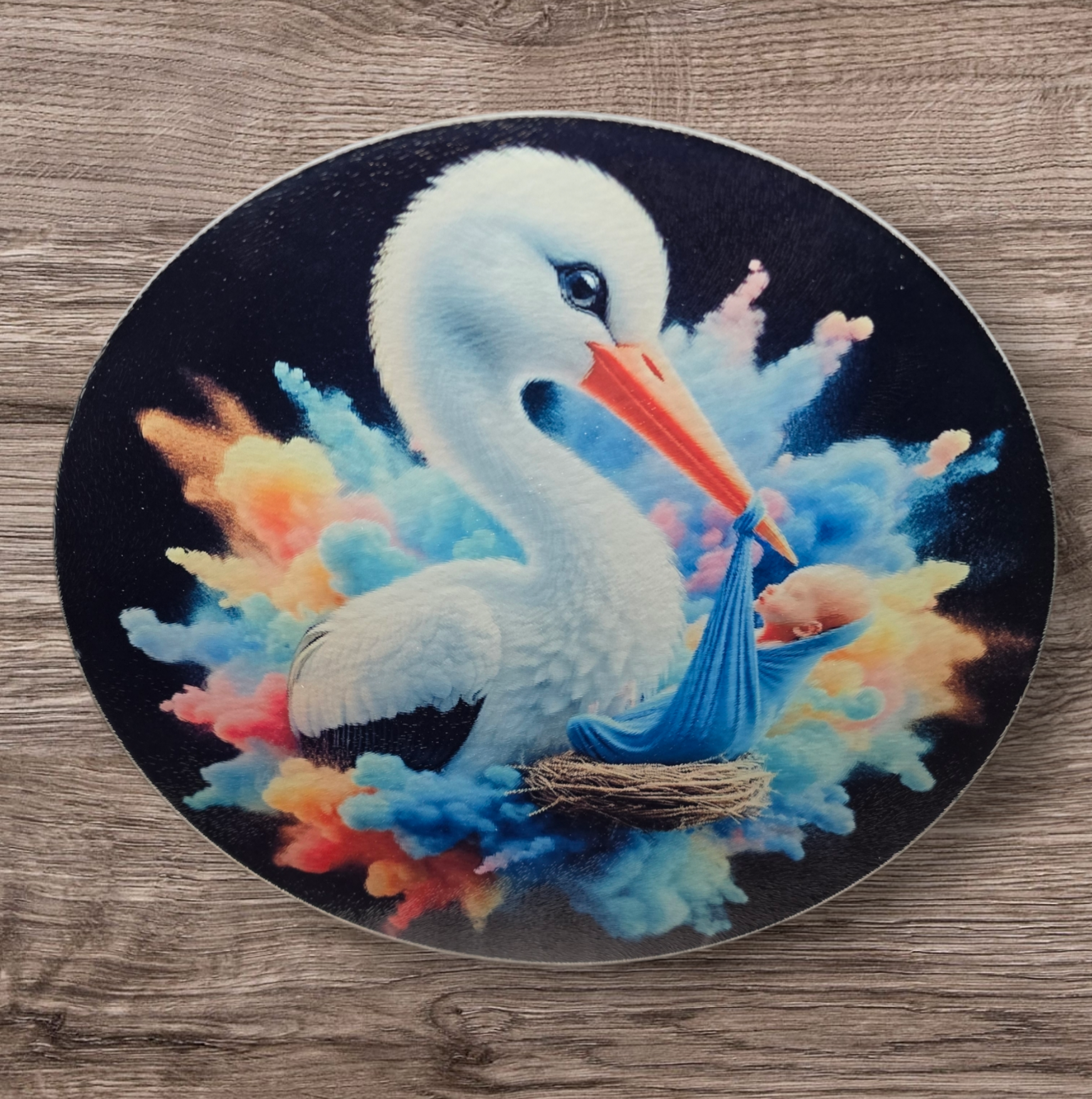 12" Stork with Baby Boy Plaque