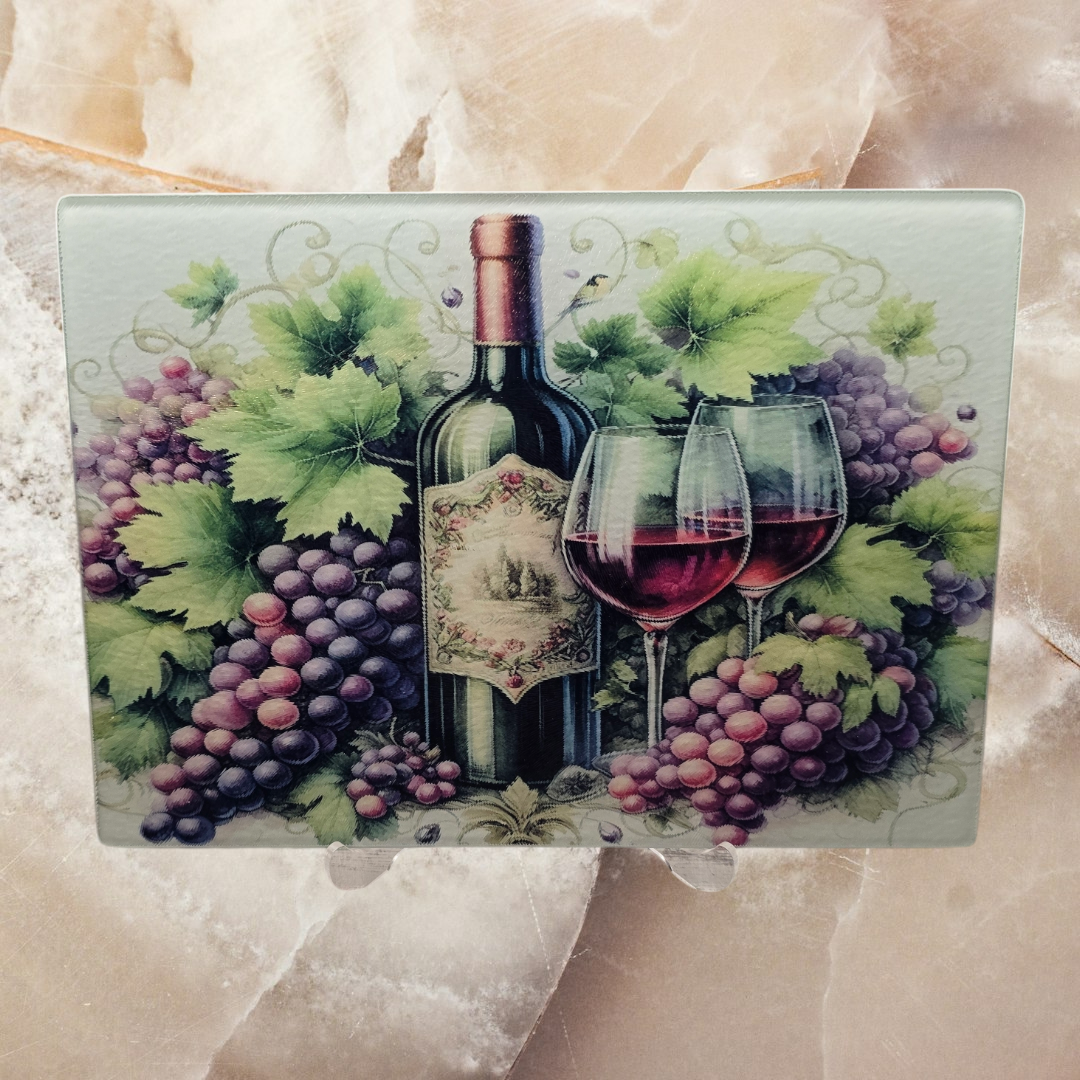 grapes and wine glass cutting board