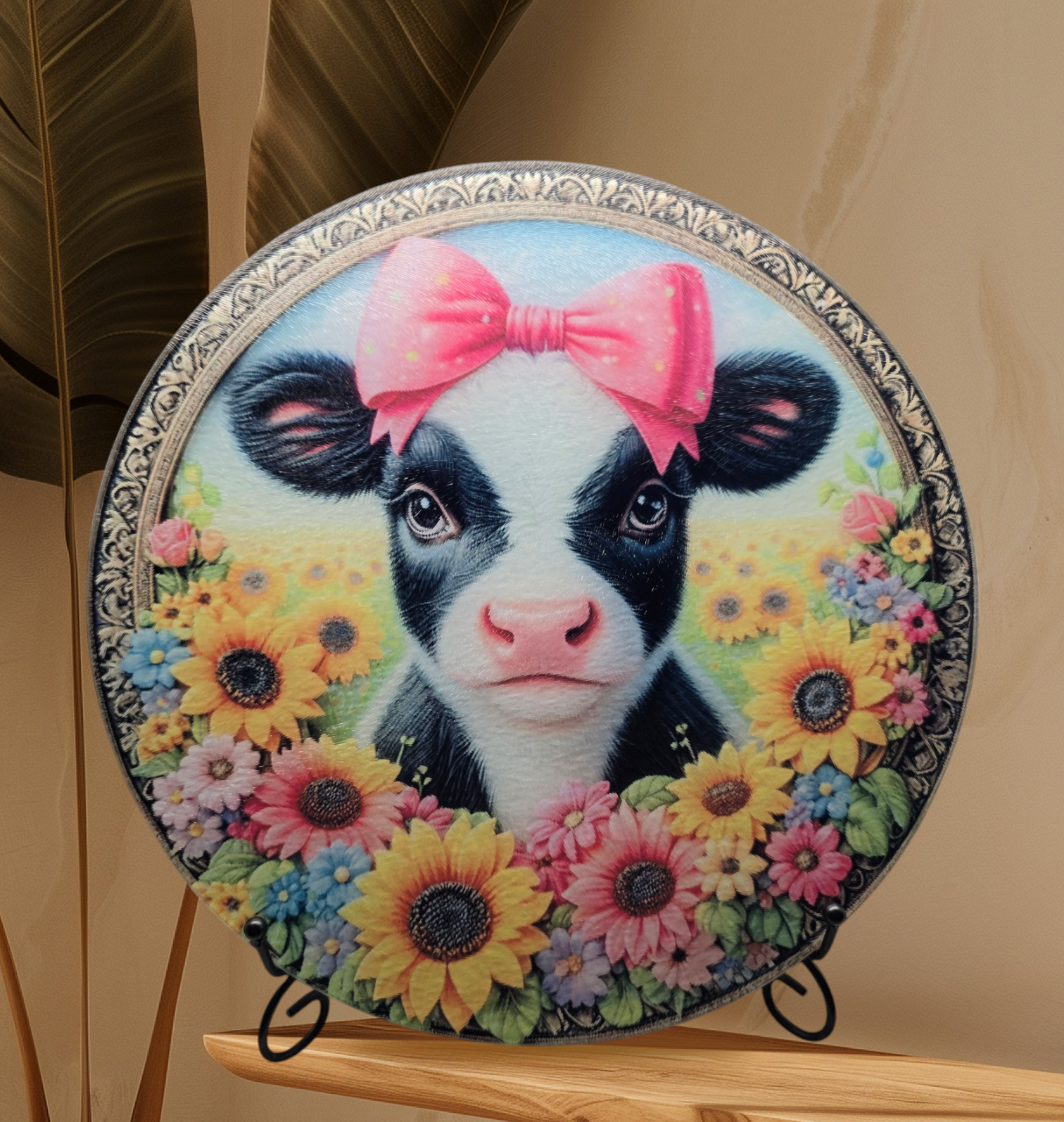 Happy Heifer in Sunflowers decorative plaque