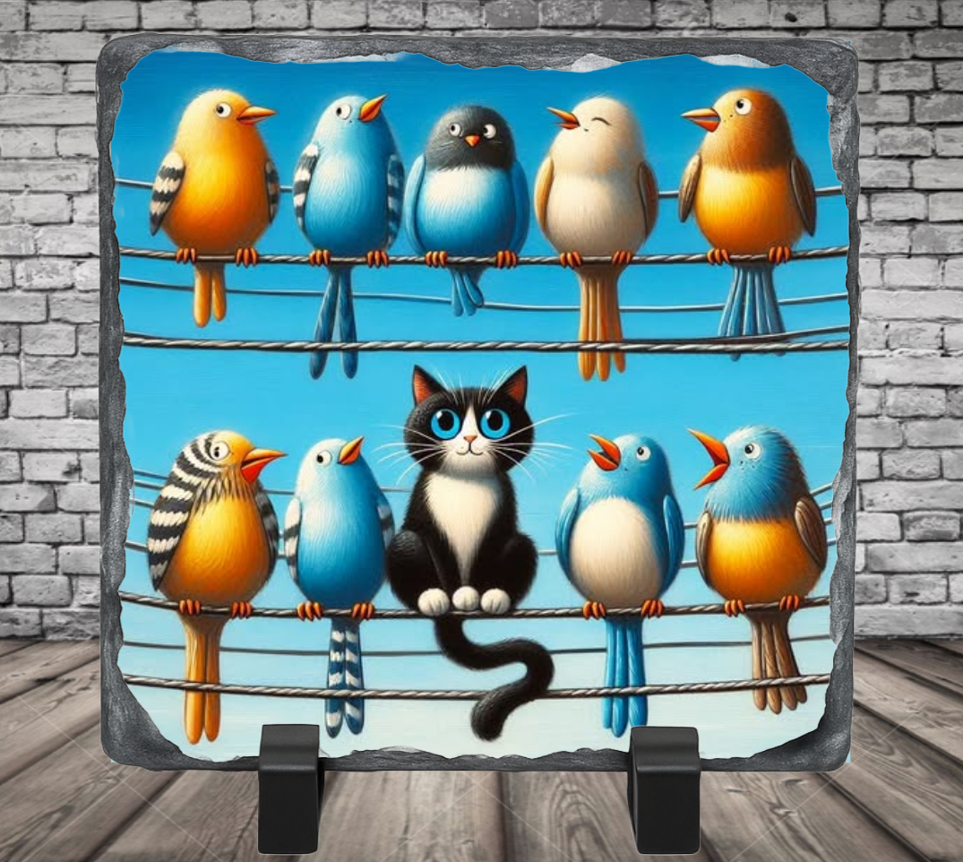 birds and cat on a wire photo slate