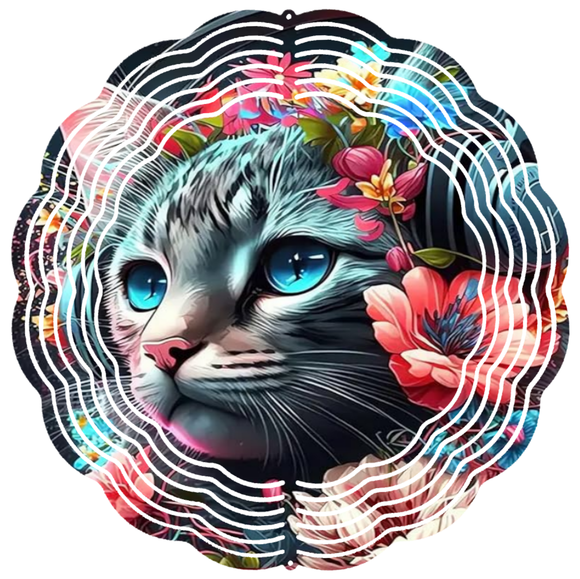 gray cat with flowers wind spinner