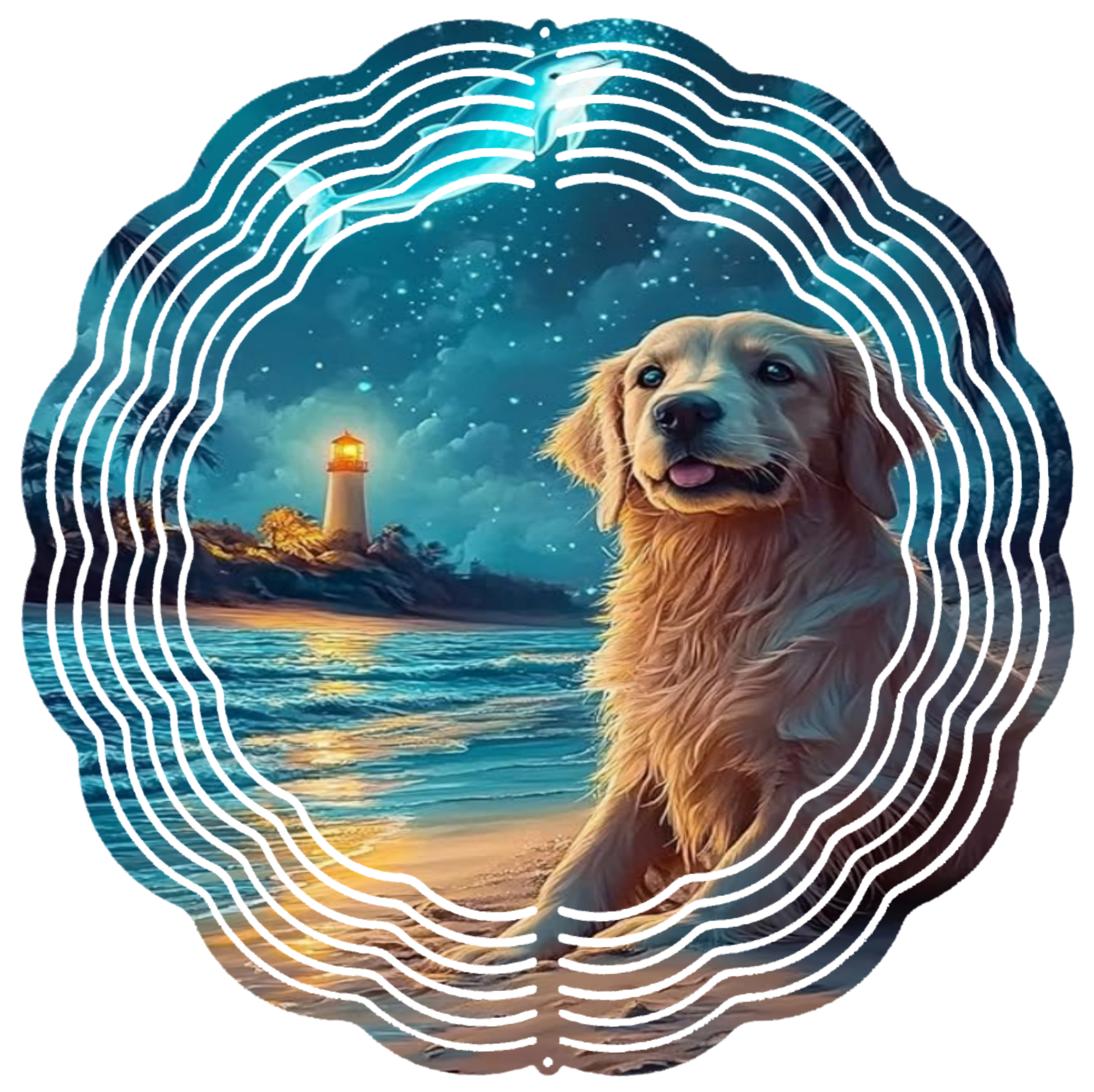 golden retriever on the beach wind spinner