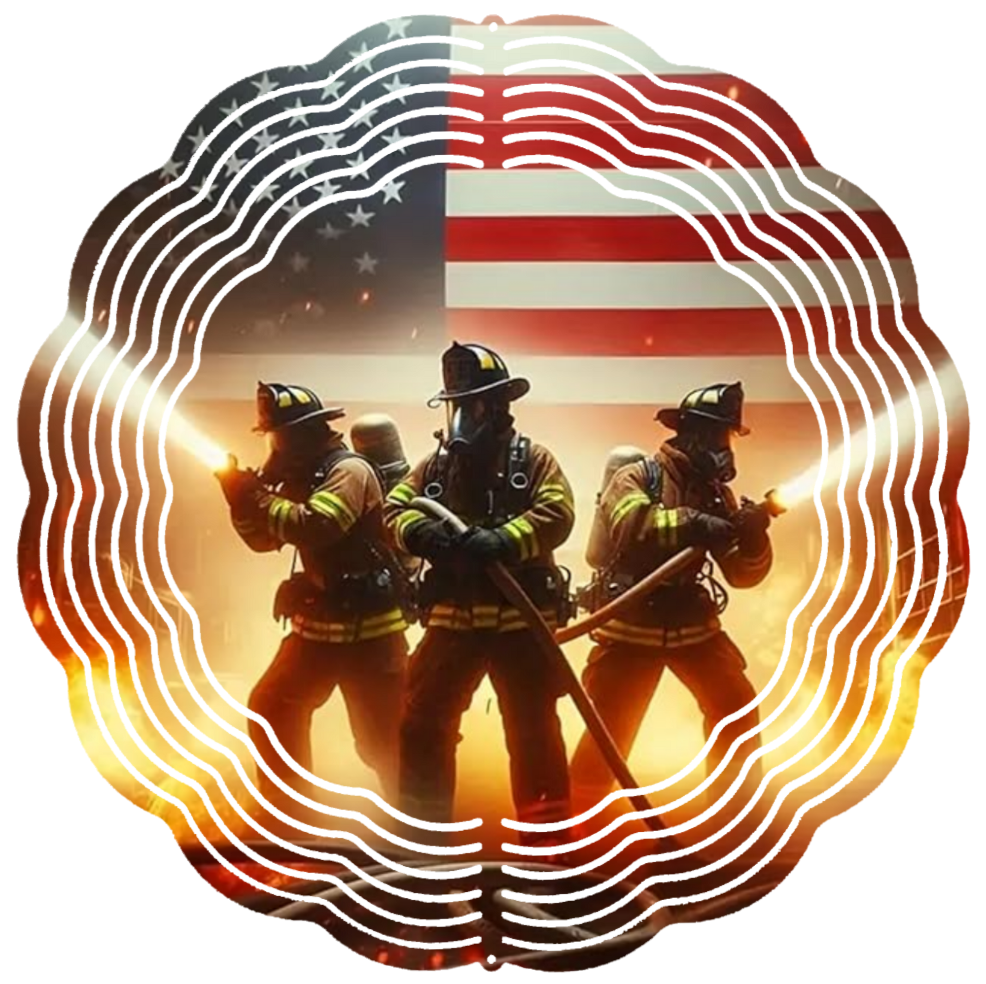 firefighters with flag wind spinner