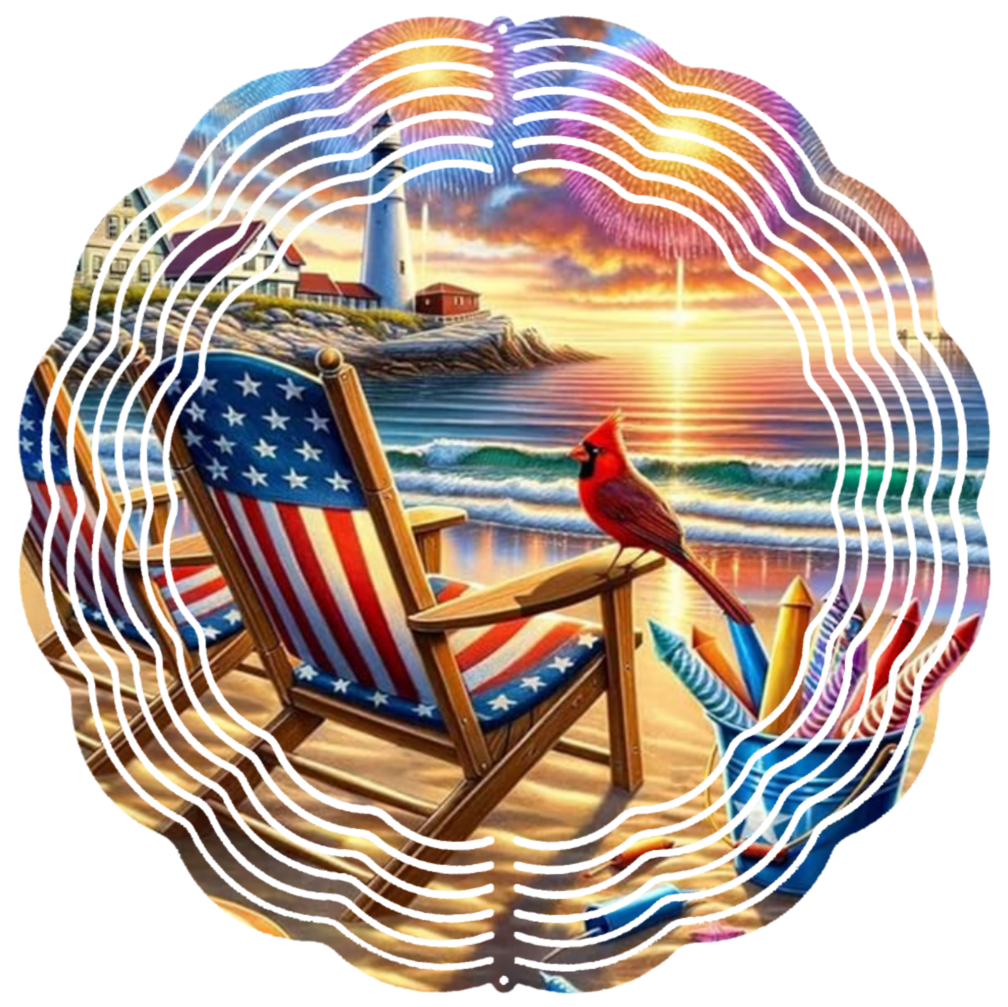 cardinal with beach chairs wind spinner