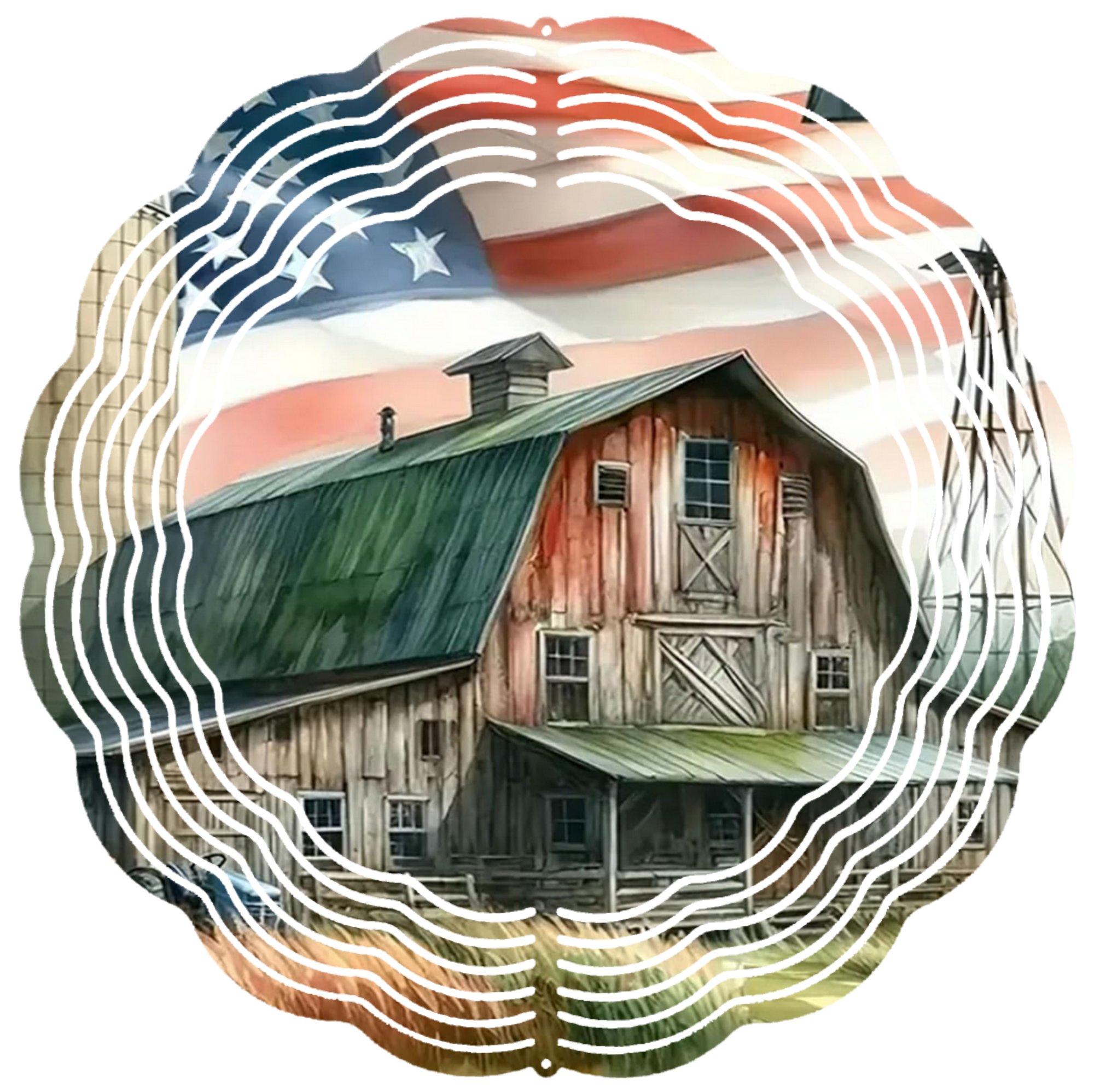 red barn with flag wind spinner