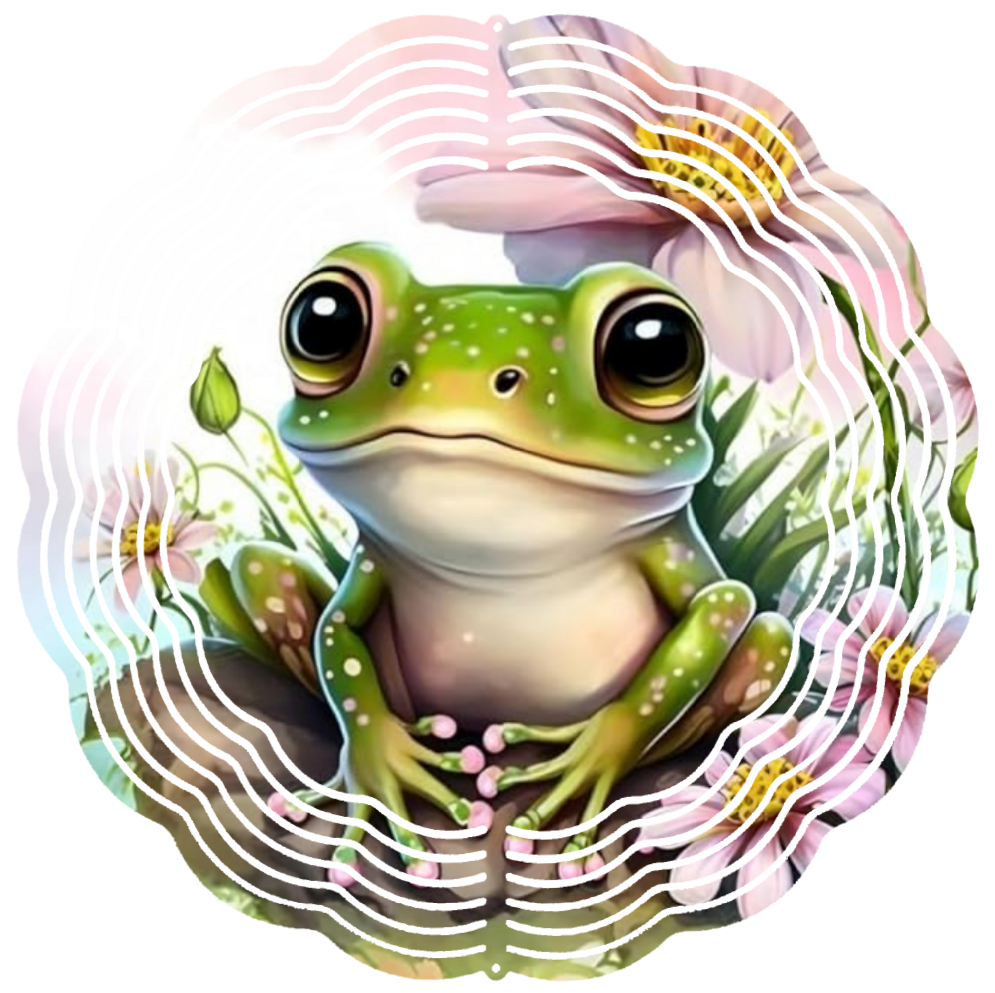 frog with pink flowers wind spinner