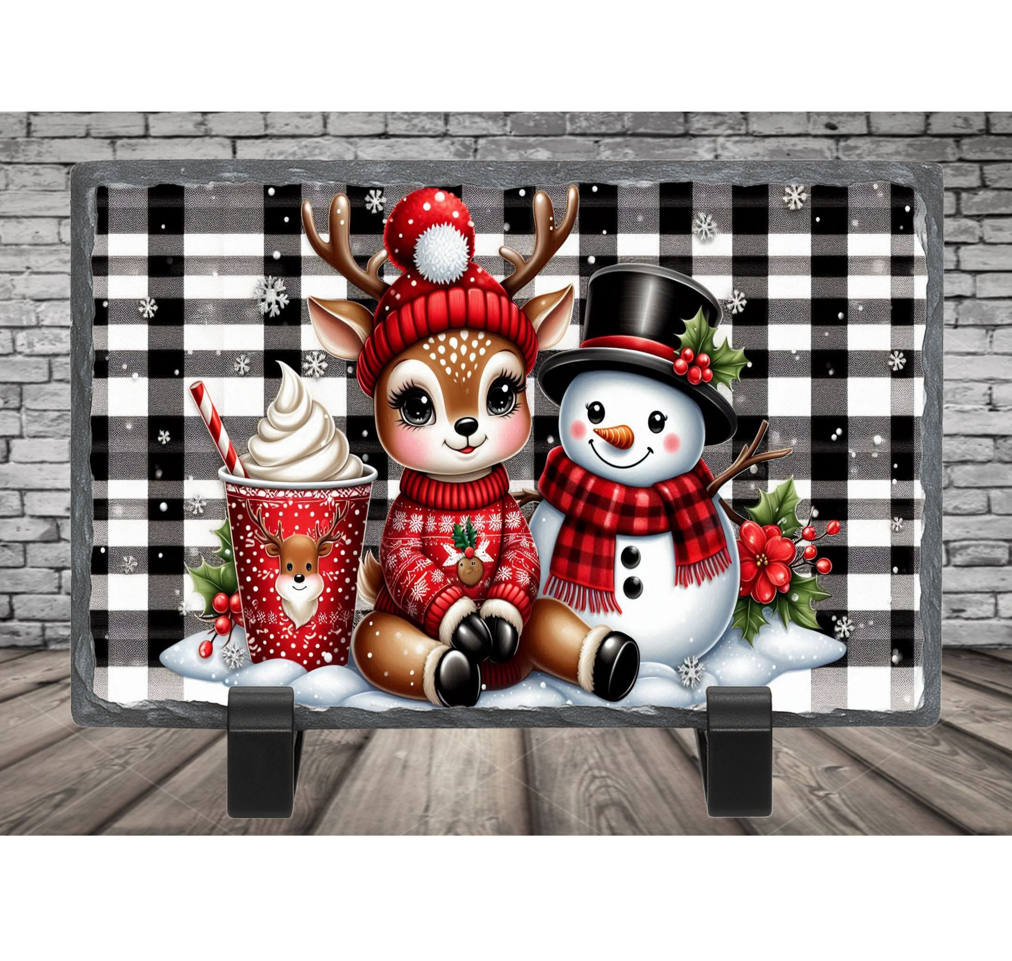 reindeer with snowman photo slate