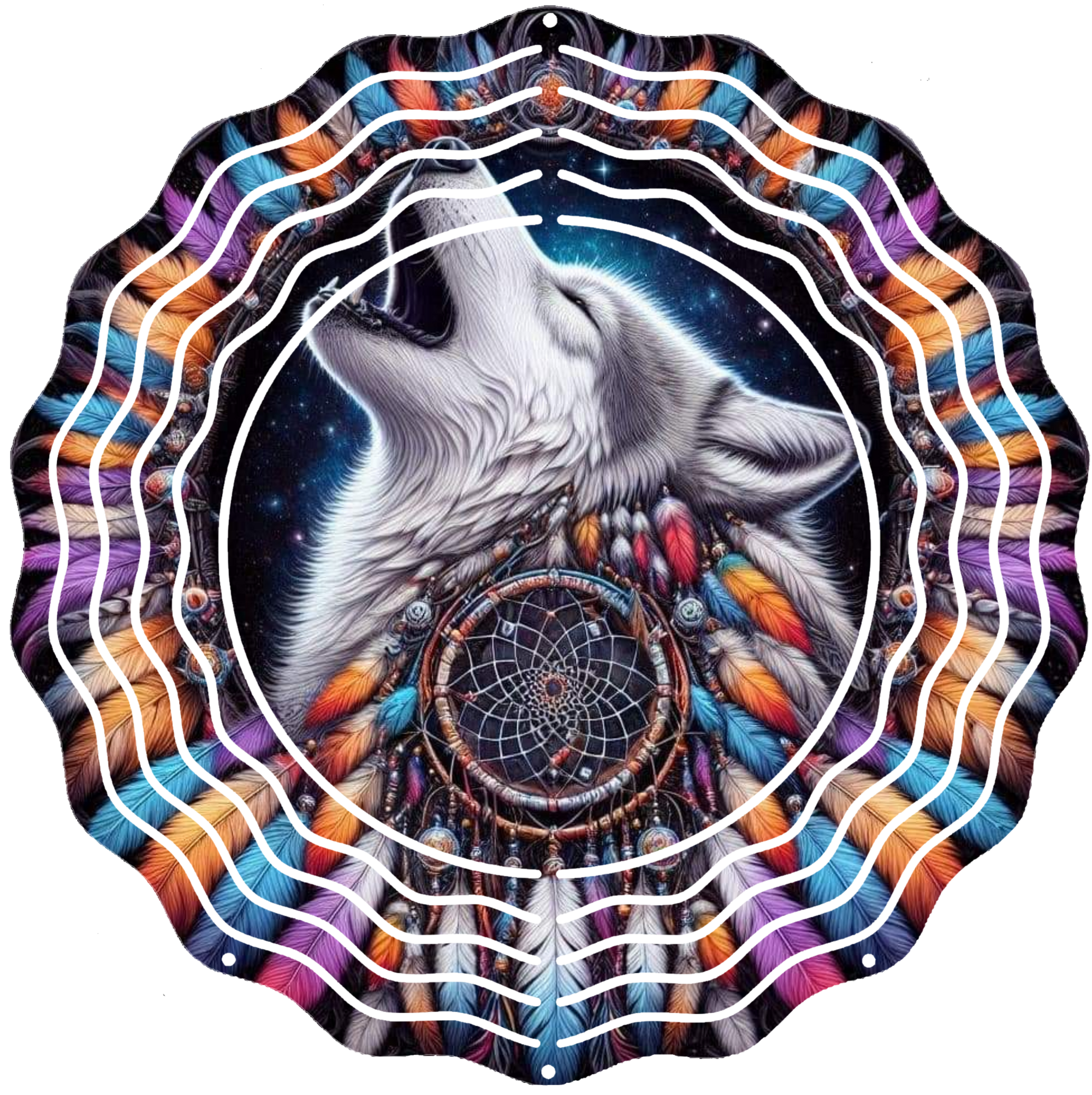Native Wolf with Feather Surround Wind Spinner